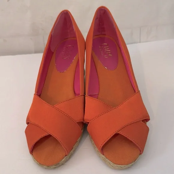 Chaps Size 8.5B Dakoda Orange Wedge Espadrille Sandals coquette Office Siren - Picture 8 of 8